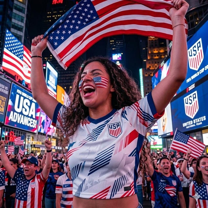 May include: A white short-sleeved jersey with red and blue diagonal stripes and a USA crest on the chest. The jersey features a V-neck collar and is worn by a person holding a large American flag above their head in a crowded city square.