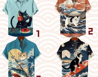 Unisex Surfing Cat Linen Shirt, Japanese Wave Hawaiian Button Up, Cute Cat Beach Shirt, Summer Vacation Top for Men Women