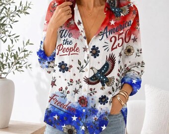 America 250 Shirt Women, Patriotic Button Down Blouse, 4th of July USA Eagle Shirt, Red White Blue Floral Linen Blouse