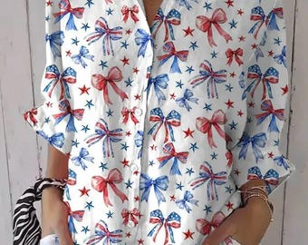Patriotic Bows Linen Shirt Women 4th of July Coquette Blouse, American Flag Ribbon Button Down, Memorial Day Outfit, Red White Blue Star Top