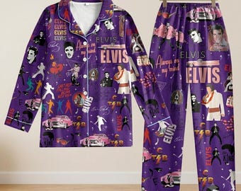 Elvis Presley Premium Silk Pajamas Set "King of Rock and Roll" Royal Purple Retro Sleepwear