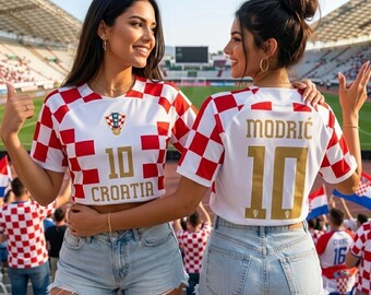 Croatia Women Crop Top Soccer Red Checkerboard Game Day Shirt, Cute Croatia Football Fan Gift, Stadium Outfit