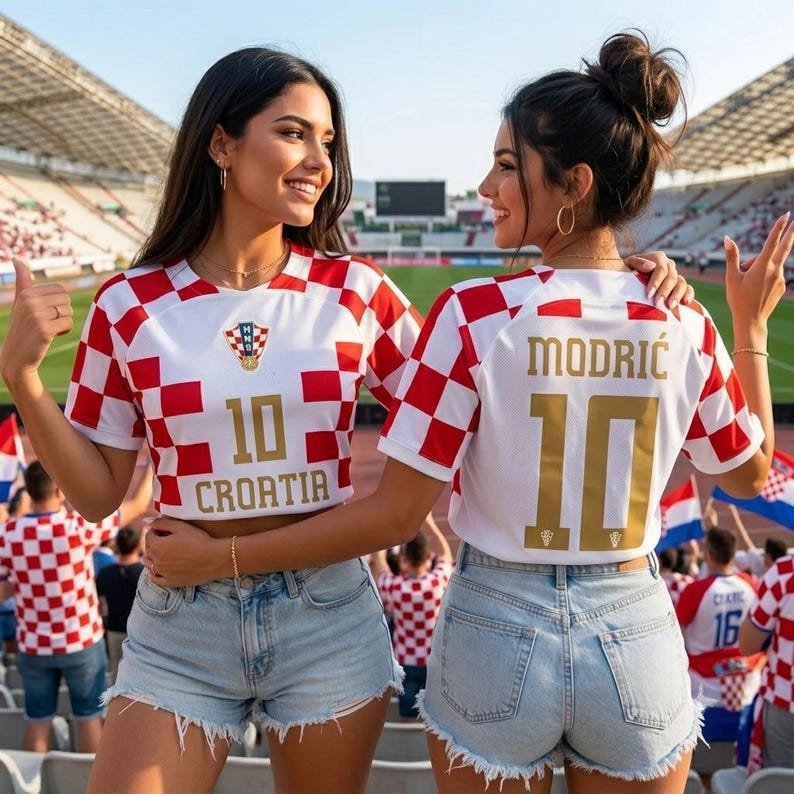 K&ouml;nnte beinhalten: Ein wei&szlig;-rotes kariertes Kroatien-Fu&szlig;balltrikot mit der goldenen Nummer 10 auf der Vorder- und R&uuml;ckseite sowie dem Namen MODRIĆ &uuml;ber der Nummer auf der R&uuml;ckseite, kombiniert mit hellblauen Jeansshorts mit ausgefransten S&auml;umen.