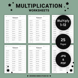 Könnte beinhalten: Ein Set von Multiplikationsarbeitsblättern mit schwarzem Text auf weißem Papier. Die Seiten enthalten Matheaufgaben, ein Feld für Name und Datum sowie einen Punktebereich. Schwarze Kreise zeigen den Text Multiply 1-12, 25 Pages, JPG & PDF.