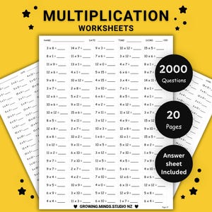 Könnte beinhalten: Multiplikationsarbeitsblätter mit Matheaufgaben zum Üben. Die Arbeitsblätter umfassen 20 Seiten mit 2000 Fragen und ein Antwortblatt. Die Arbeitsblätter haben ein Schwarz-Weiß-Design mit dem Text "Multiplication Worksheets".