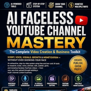May include: A digital marketing guide titled AI FACELESS YOUTUBE CHANNEL MASTERY. The graphic features text, icons for research, voice, animation, and editing, a laptop displaying a video titled TOP 10 PLACES YOU MUST VISIT, and a microphone.