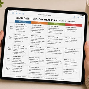 Tablet on desk displaying weekly DASH 1800 calorie schedule, clean typography, DASH diet meal plan pdf