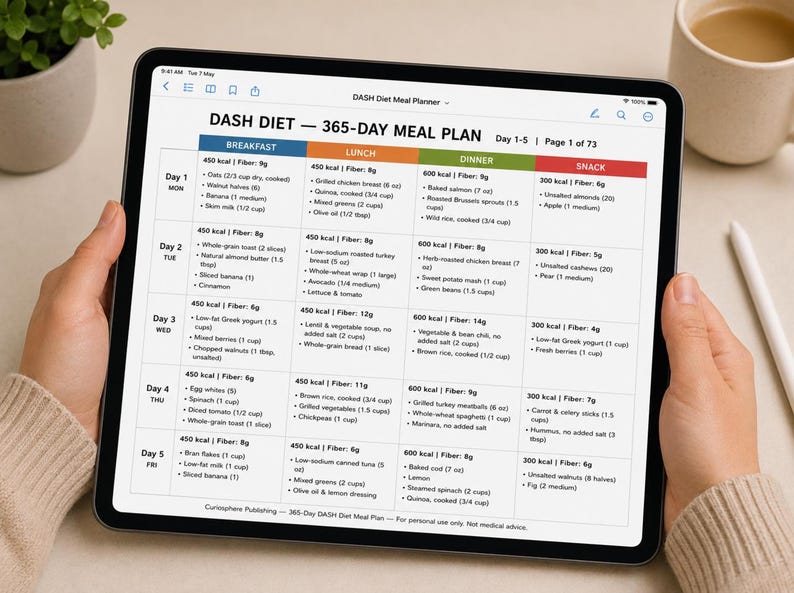 Tablet on desk displaying weekly DASH 1800 calorie schedule, clean typography, DASH diet meal plan pdf