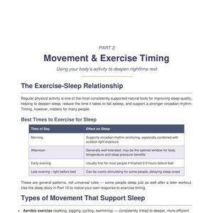 Movement and exercise timing table, recommended windows and effects on sleep, part of the sleep improvement program
