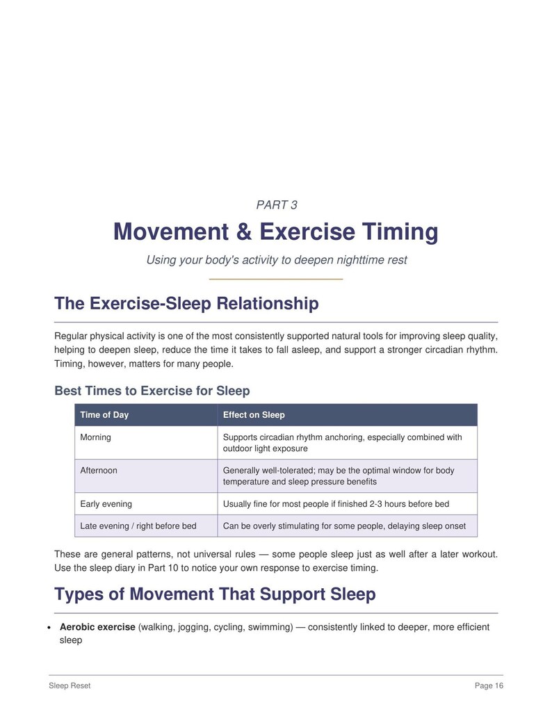 Movement and exercise timing table, recommended windows and effects on sleep, part of the sleep improvement program