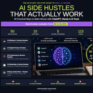 May include: A digital guide titled AI Side Hustles That Actually Work, featuring 50 practical ways to make money with ChatGPT, Claude, and AI tools. The layout includes 10 chapters, 5 income categories, 115 pages, and a laptop displaying a glowing brain graphic with icons for ChatGPT, Claude, Midjourney, Canva, and Notion AI.