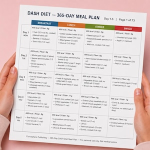 Top-down shot, hands holding printable meal grid on paper with color-coded sections, DASH diet meal plan pdf