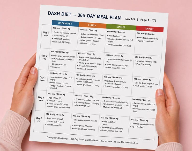 Top-down shot, hands holding printable meal grid on paper with color-coded sections, DASH diet meal plan pdf