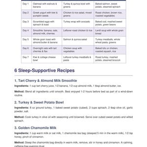 Two-column tips page with habit tables and action steps, clean navy headings, sleep improvement program