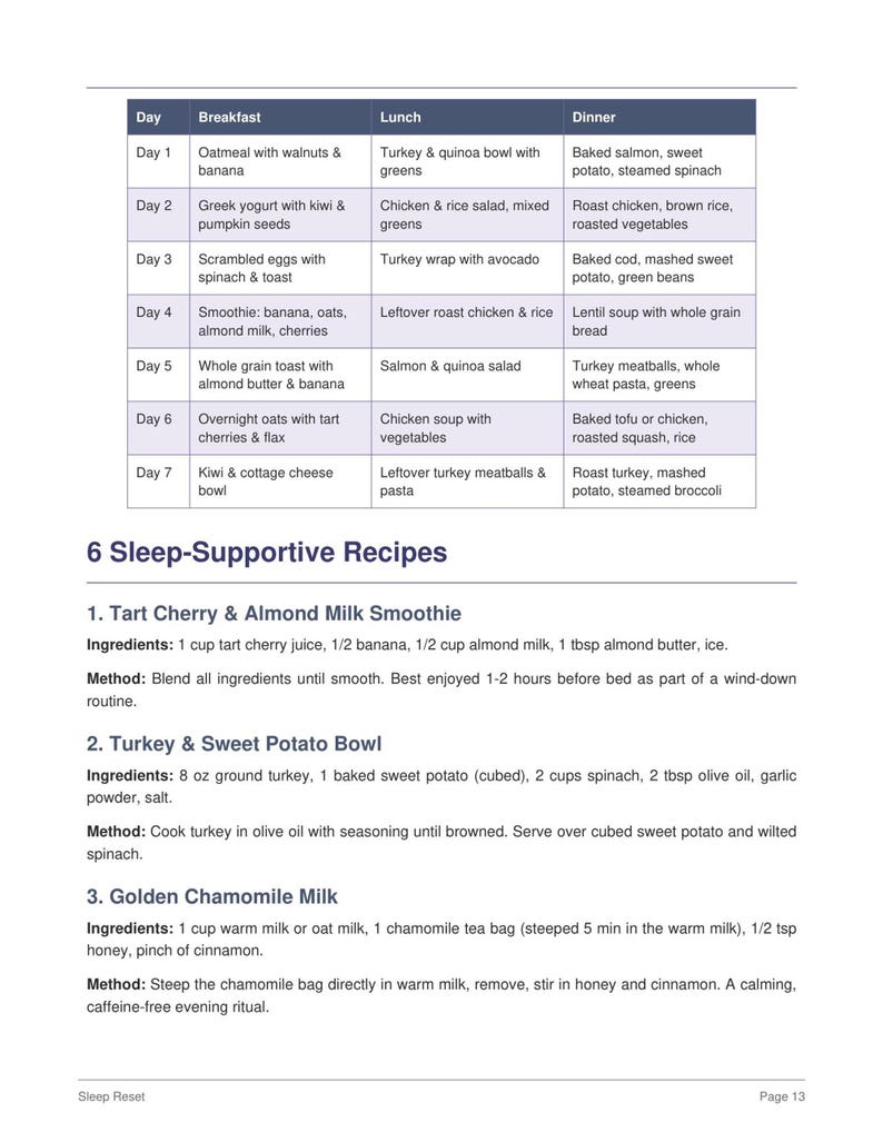 Two-column tips page with habit tables and action steps, clean navy headings, sleep improvement program