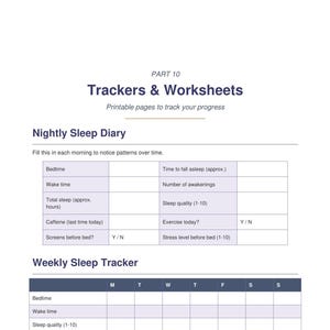 Trackers and worksheets page showing nightly sleep diary and weekly logs in columns, sleep journal and tracker