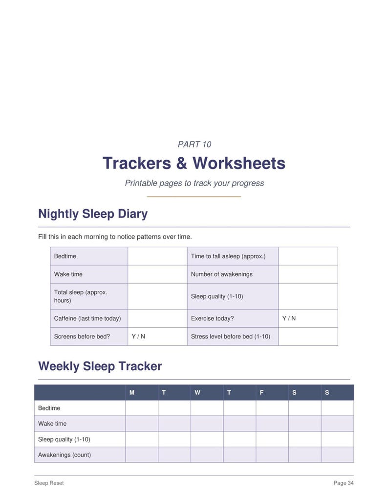 Trackers and worksheets page showing nightly sleep diary and weekly logs in columns, sleep journal and tracker