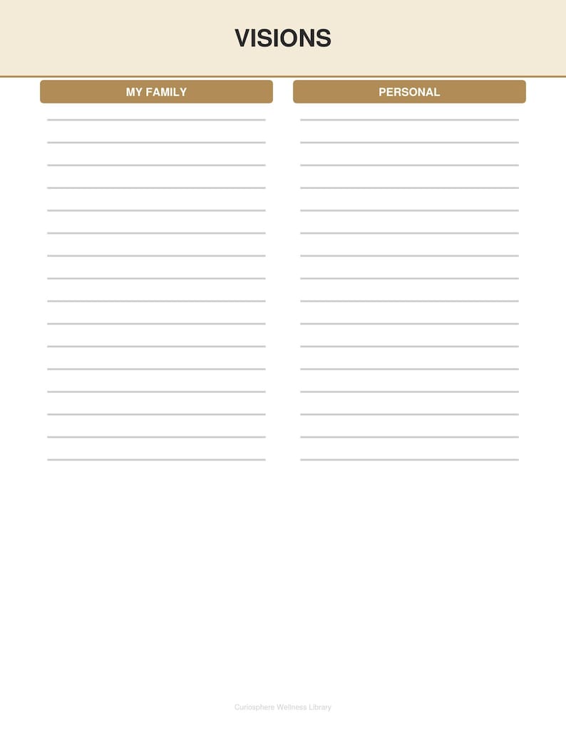 Visions page with lined prompts and neutral headers for goal setting, part of the DASH diet meal plan pdf bundle