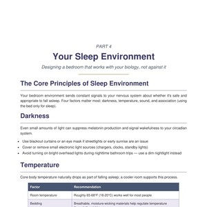 Your Sleep Environment page, guidance on light, temperature and bedding with small tables, bedtime routine planner printable