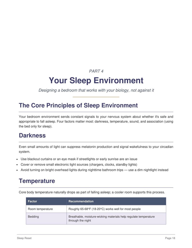 Your Sleep Environment page, guidance on light, temperature and bedding with small tables, bedtime routine planner printable
