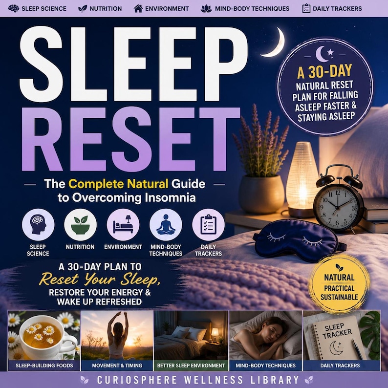 Front cover, cozy night scene with candles, clock and linens in blue neutrals, Sleep Reset Program printable