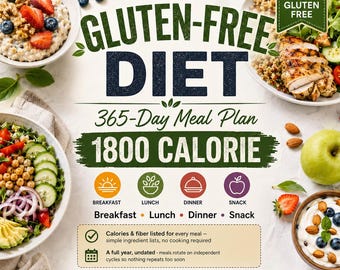 365-Tage-Ernährungsplan für eine glutenfreie Ernährung | 1800 Kalorien, Ballaststoff-Tracker (PDF zum Ausdrucken)