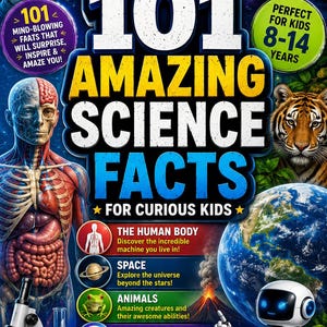 Puede incluir: Una colorida portada de libro con el título "101 hechos científicos asombrosos para niños curiosos". La portada presenta ilustraciones de un astronauta, anatomía humana, un tigre y un robot. El libro está diseñado para niños de 8 a 14 años y cubre temas como el cuerpo humano, el espacio, los animales, la tecnología y el planeta Tierra.