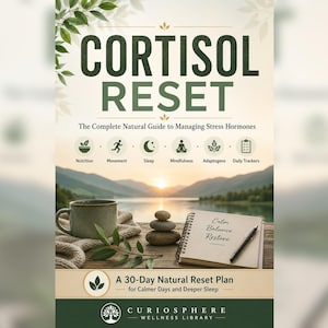 May include: A book cover titled Cortisol Reset: The Complete Natural Guide to Managing Stress Hormones. It features a mug, stacked stones, and a notebook with the text Calm Balance Restore, set against a lake and mountain landscape at sunrise.