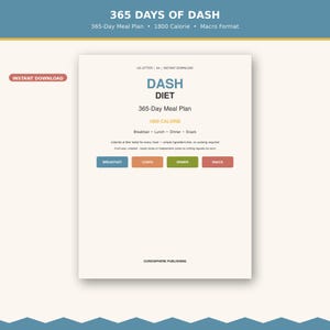 Minimal cover page mockup, beige and blue headers, clean layout introducing 365 day DASH plan, DASH diet meal plan pdf