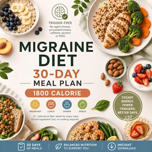 Op de afbeelding: Een 30-daagse migraine dieet maaltijdplan infographic met tekst en afbeeldingen van diverse gezonde maaltijden, waaronder havermout met bosbessen, gegrilde kip met broccoli en quinoa, garnalen met sperziebonen en yoghurt met aardbeien.