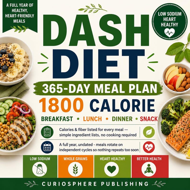 Bright green cover with 365-day 1800 calorie banner, food bowls and icons, DASH diet meal plan pdf