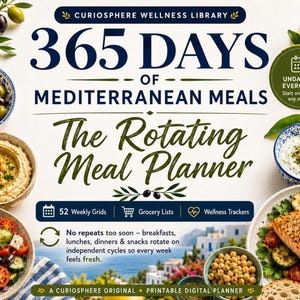 Planificador de comidas de la dieta mediterránea imprimible, planificador de 365 días en formato PDF.
