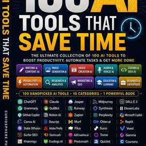 May include: A book cover with the title "100 AI Tools That Save Time" in large white and yellow letters. The cover lists 100 AI tools across various categories, including writing, image generation, and marketing. The book promises to boost productivity and automate tasks.