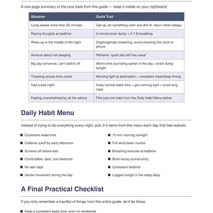 Practical habit checklist and quick tips table with daily ideas and a short checklist, holistic insomnia relief plan
