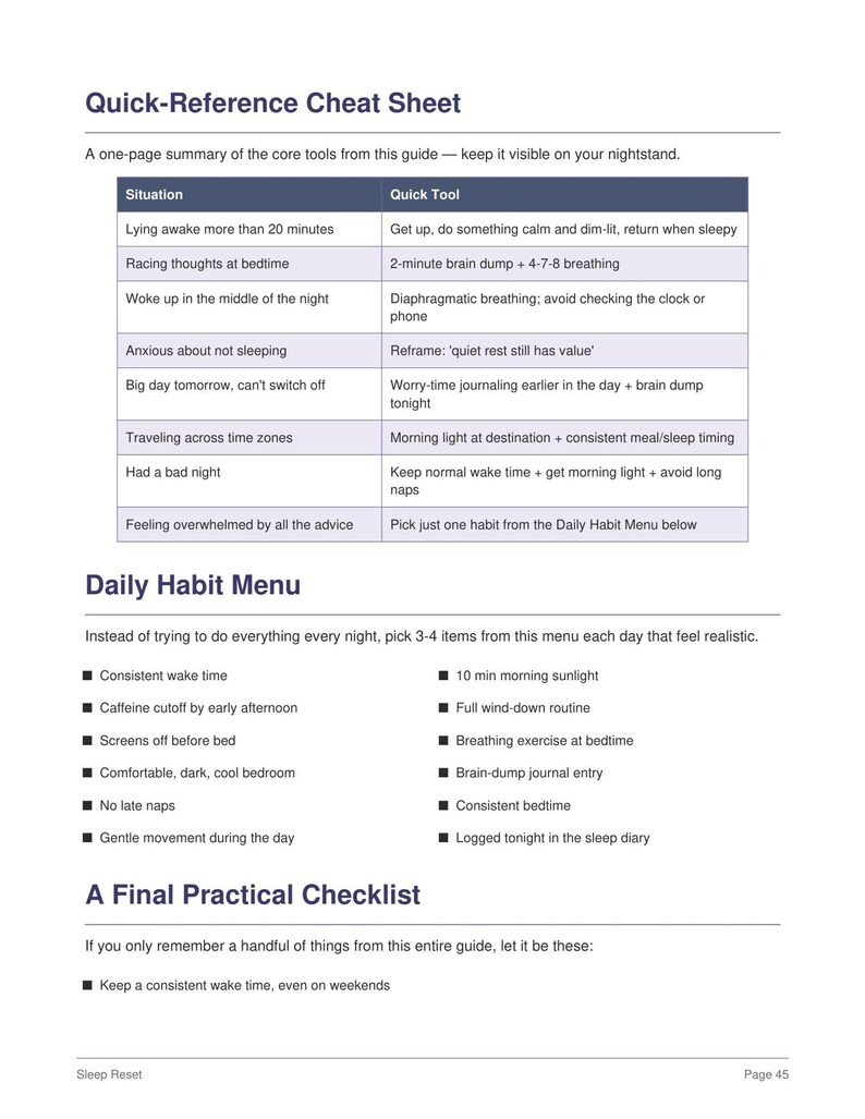 Practical habit checklist and quick tips table with daily ideas and a short checklist, holistic insomnia relief plan