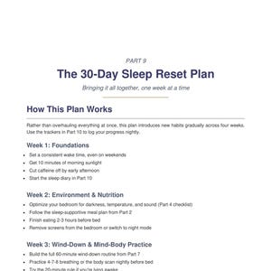 The 30-Day Sleep Reset Plan page, numbered daily steps and guidance in blue headers, 30 day sleep plan PDF
