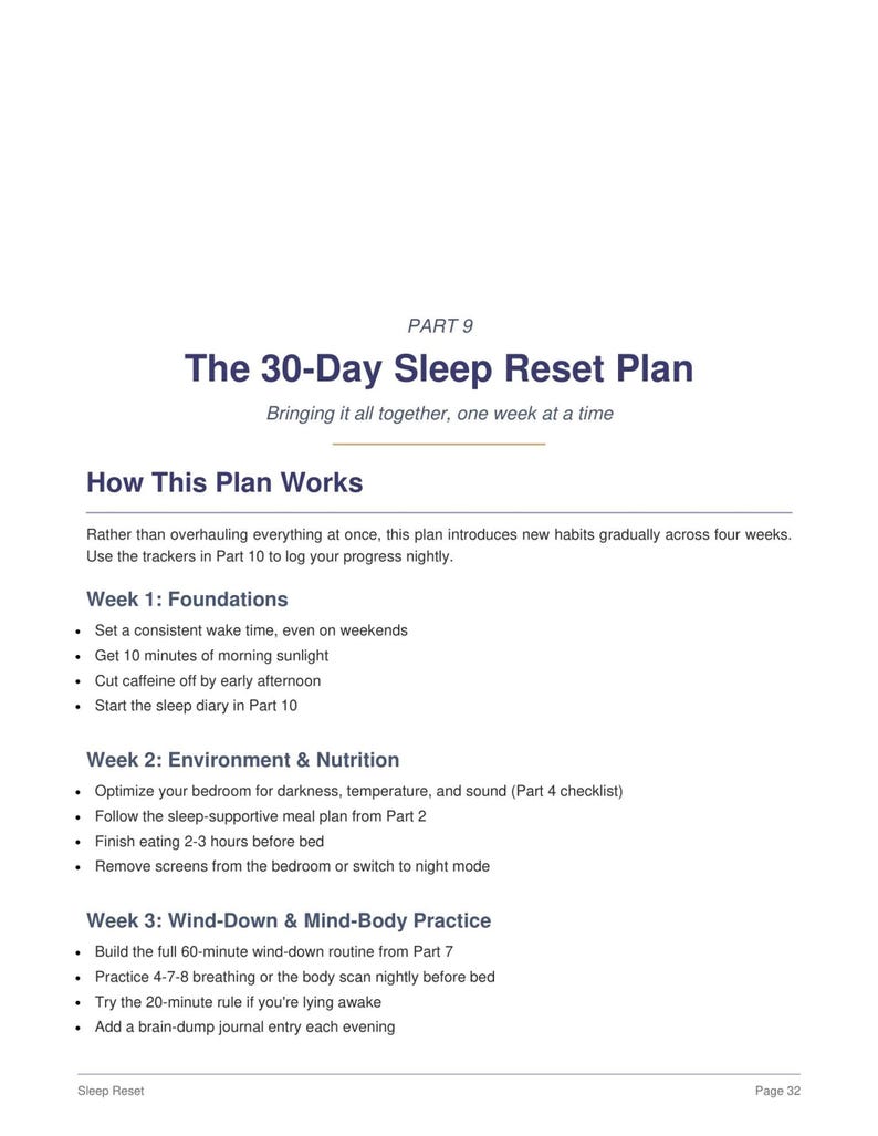 The 30-Day Sleep Reset Plan page, numbered daily steps and guidance in blue headers, 30 day sleep plan PDF