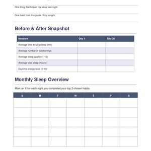Worksheet with sleep routines table and notes area, printable tracker layout in blue, sleep hygiene checklist pdf