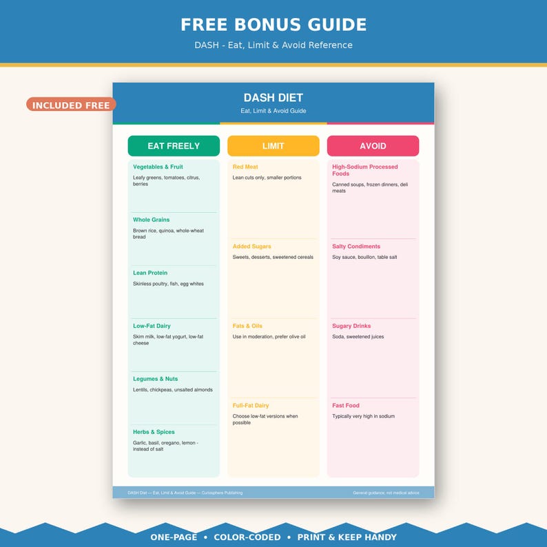 Bonus food list with pastel columns for eat, limit, avoid, low sodium tips and food swaps, DASH diet meal plan pdf