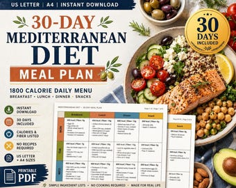 Plan de comidas de 30 días de la dieta mediterránea, PDFs de comidas imprimibles, planificador de dieta, descarga instantánea.
