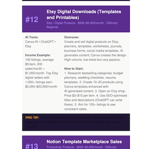 May include: An informational infographic titled Etsy Digital Downloads Templates and Printables, detailing AI tools, income examples, and steps to start selling digital products like planners and journals, alongside a section on Notion Template Marketplace Sales.