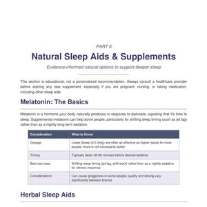 Natural Sleep Aids and Supplements page, table of herbs and doses with blue headings, natural sleep guide digital download
