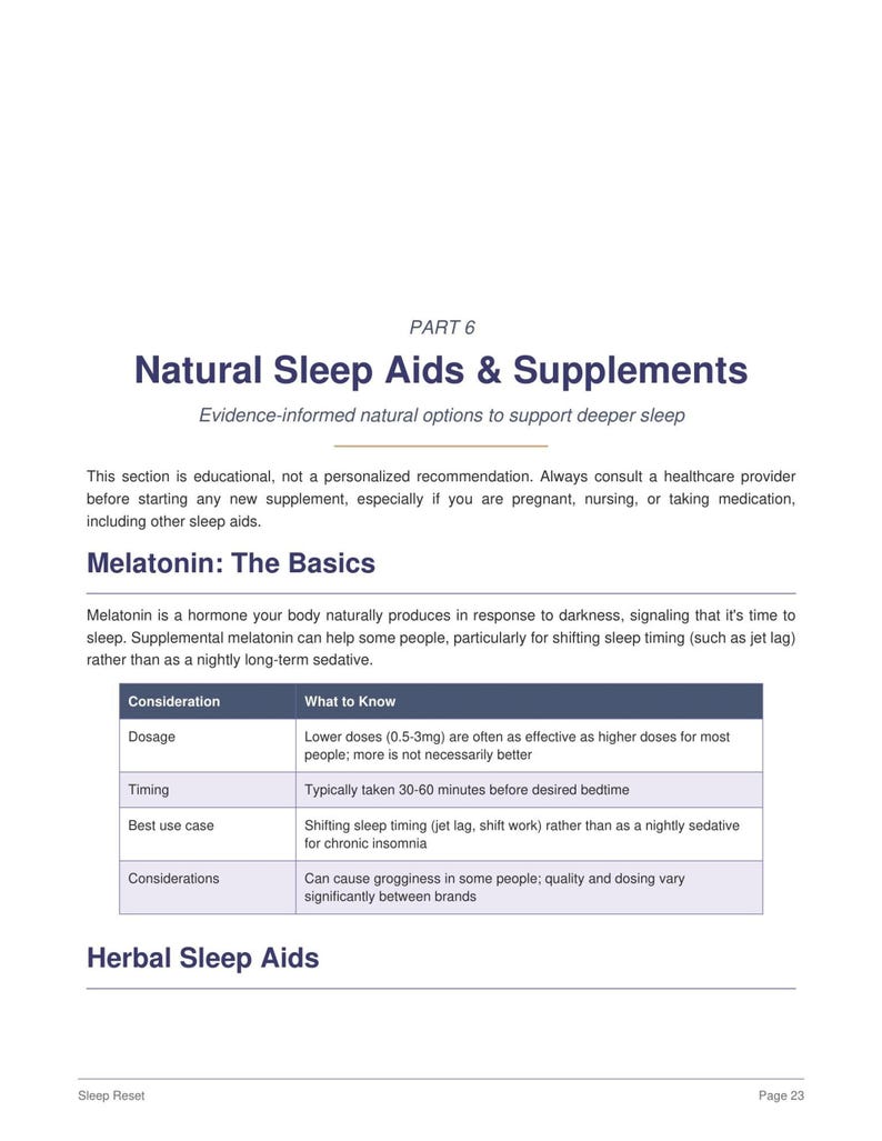 Natural Sleep Aids and Supplements page, table of herbs and doses with blue headings, natural sleep guide digital download