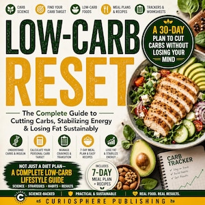 Könnte beinhalten: Ein Buchcover mit dem Titel Low-Carb Reset, das eine Schüssel mit geschnittenem Hähnchen, Avocado und Salat zeigt. Der Text umfasst The Complete Guide to Cutting Carbs, Stabilizing Energy & Losing Fat Sustainably, einen 7-Tage-Plan und Notizen.