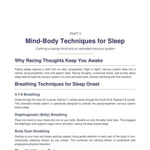 Mind-body techniques page with breathing, relaxation exercises and stepwise practice, sleep workbook for adults