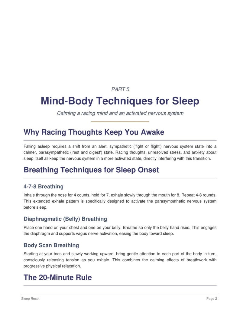 Mind-body techniques page with breathing, relaxation exercises and stepwise practice, sleep workbook for adults
