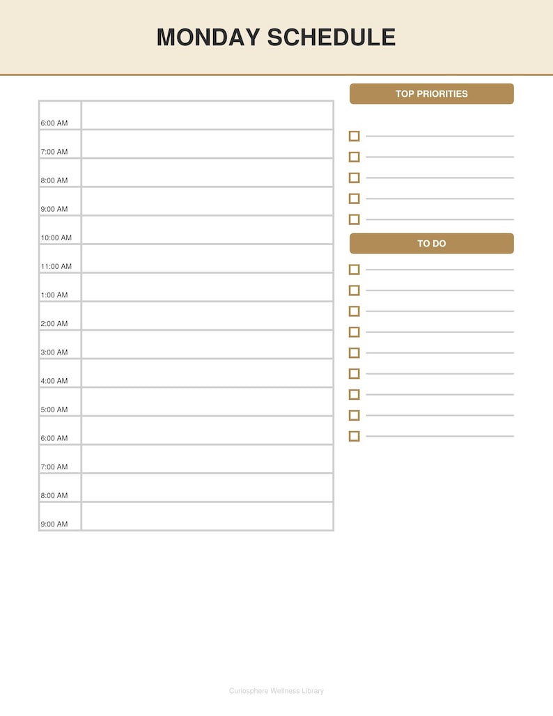 Monday schedule with hourly times, checkboxes and meal column, part of the DASH diet meal plan pdf 1800 calorie bundle