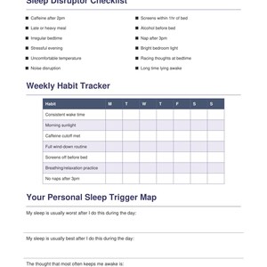 Weekly habit tracker and personalized sleep trigger map, simple printable layout, bedtime routine planner printable