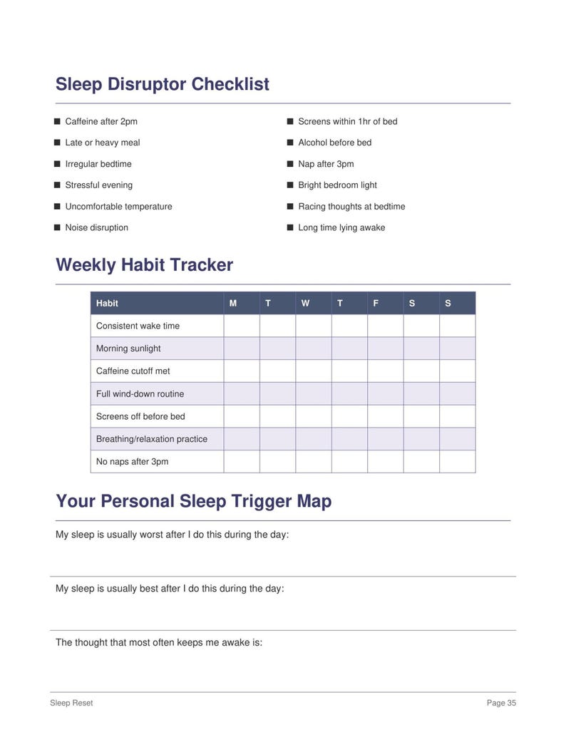 Weekly habit tracker and personalized sleep trigger map, simple printable layout, bedtime routine planner printable