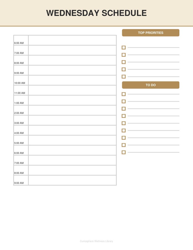 Wednesday hourly planner with time slots and checklist, neutral beige headers, included in DASH diet meal plan pdf